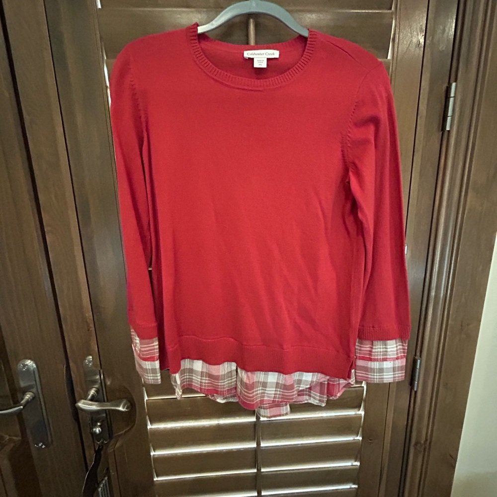 Chic Coldwater Creek Red/rust Sweater with Plaid Detail - Size PS  - NWOT